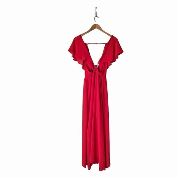 Romeo & Juliette Red Maxi Dress – Deep V, Open Back, Flutter Sleeves – S‎ - Picture 3 of 10